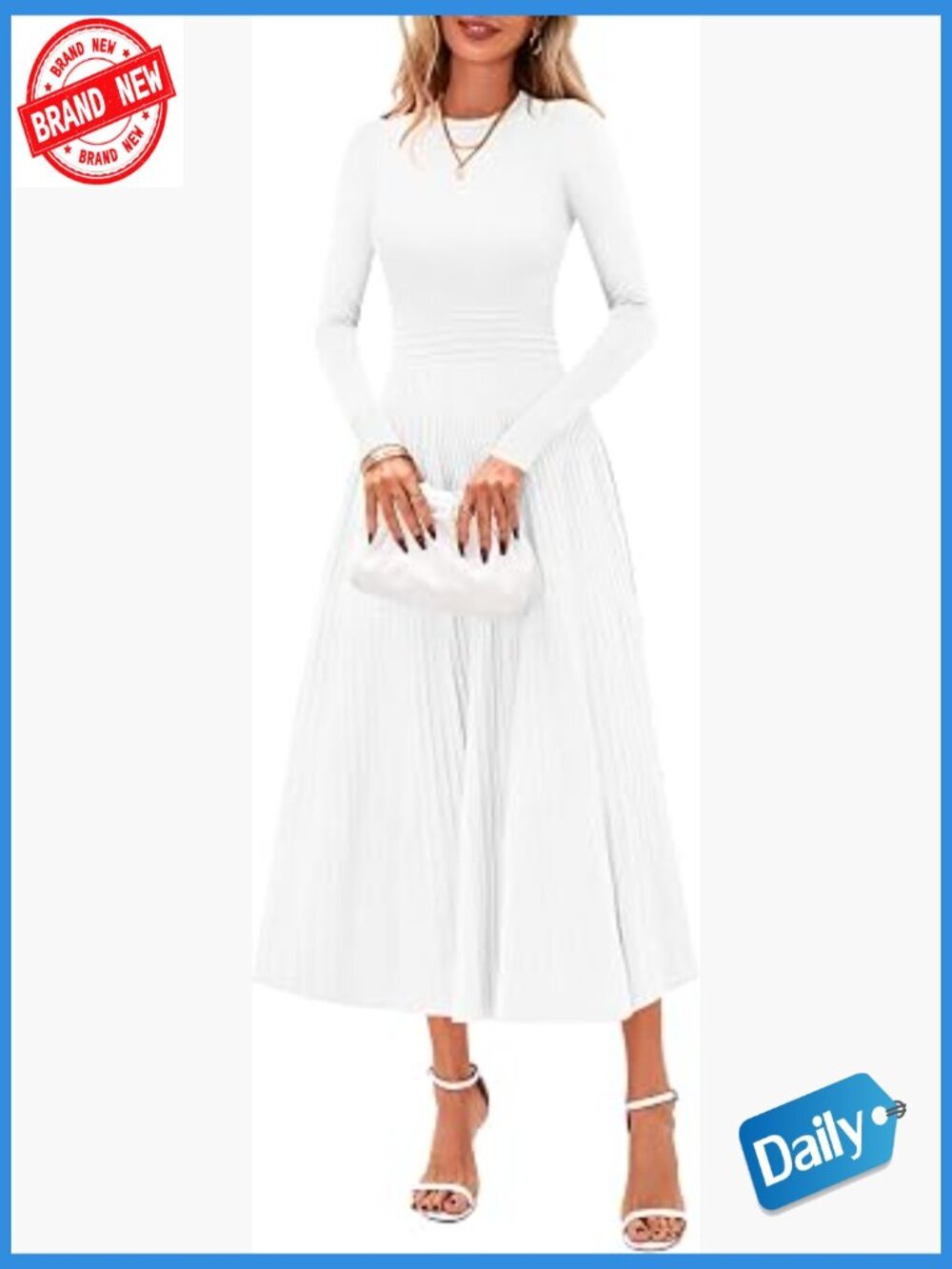 Long Sleeve Midi Sweater Dress Crew Neck Flowy A-Line Knit Dresses